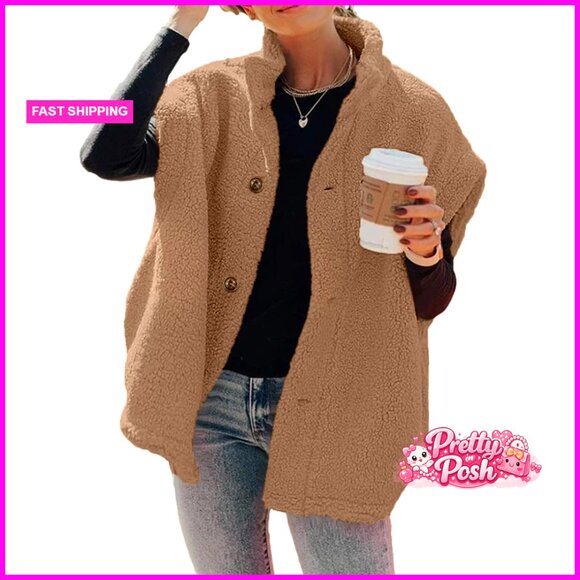 Fuzzy Fleece Sherpa Vest Jacket Oversized Button Down with Pockets